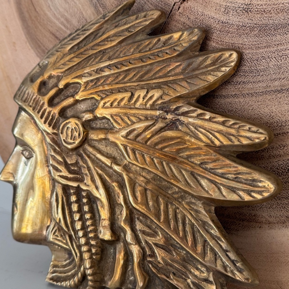 RARE Large Vintage Brass Native American Chief Head Plaque